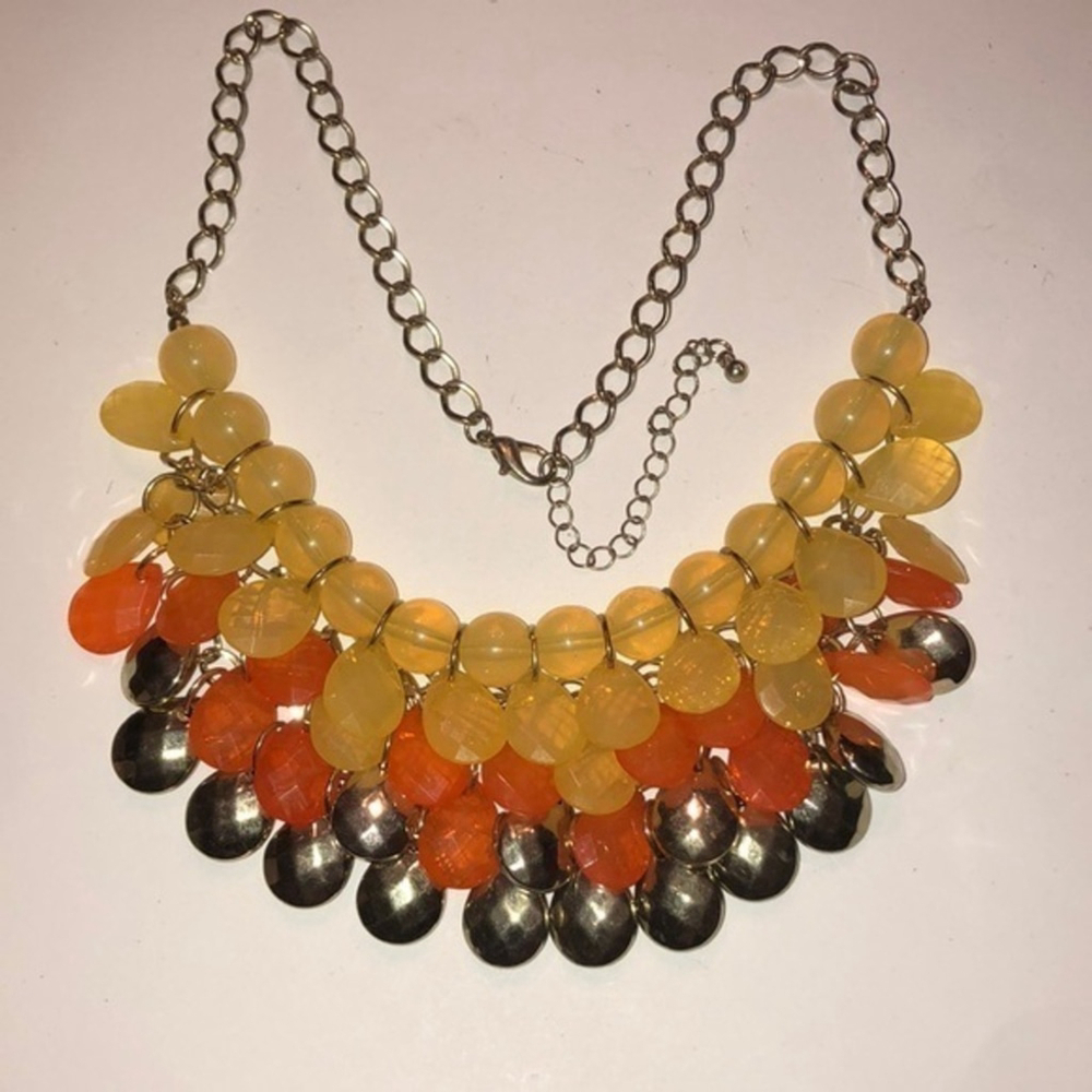 Gold Tone Yellow & Orange Chunky Beaded Bubble Statement Necklace
